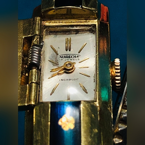 (916)VINTAGE RARE LADY AUREOLE 10 MICRON CONS SWISS WINDUP WTCH BLUE ENAMEL CUFF - Picture 7 of 16